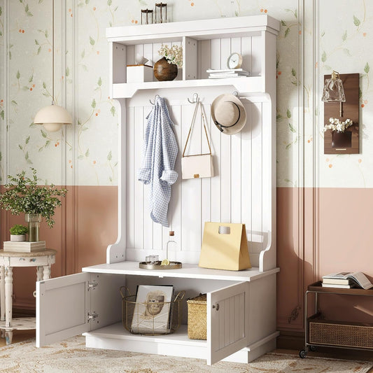 Hall Tree with Bench and Shoe Storage Shelf, Wood Hall Tree with 3 Hooks/Mudroom Bench with Storage and Hooks, Wood Hall Trees for Entryway, Hallway, Living Room, White