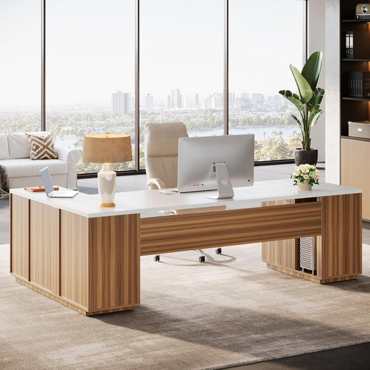 85.8-Inch L-Shaped Executive Desk with File Drawers, Door Cabinet & Shelves, Extra Large Commercial Office Desk, Modern Professional Office Table, White & Brown Business Furniture