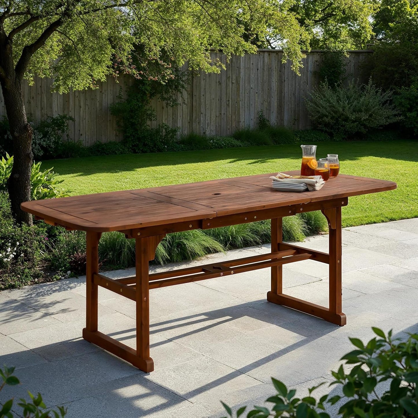 Maui Modern Solid Acacia Wood Slatted Patio Dining Table, 78 Inch, Dark Brown