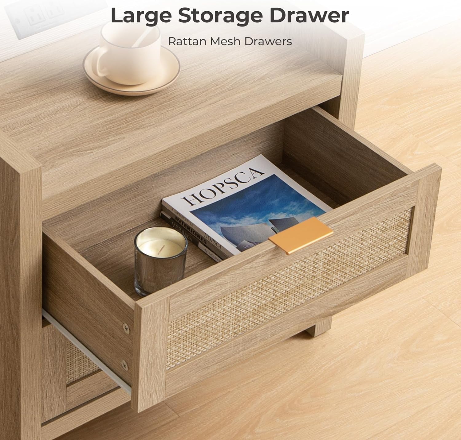 Rattan Nightstands Set of 2 Bedside Table - Bedroom Night Stand with Type-C Charging Station, 2 Drawers Storage - Boho Night Stands End Table for Bedroom Office - Light Oak