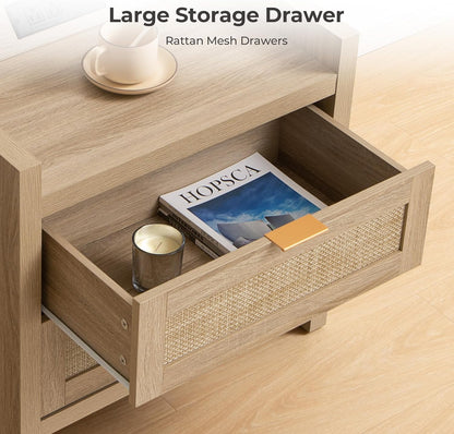 Rattan Nightstands Set of 2 Bedside Table - Bedroom Night Stand with Type-C Charging Station, 2 Drawers Storage - Boho Night Stands End Table for Bedroom Office - Light Oak