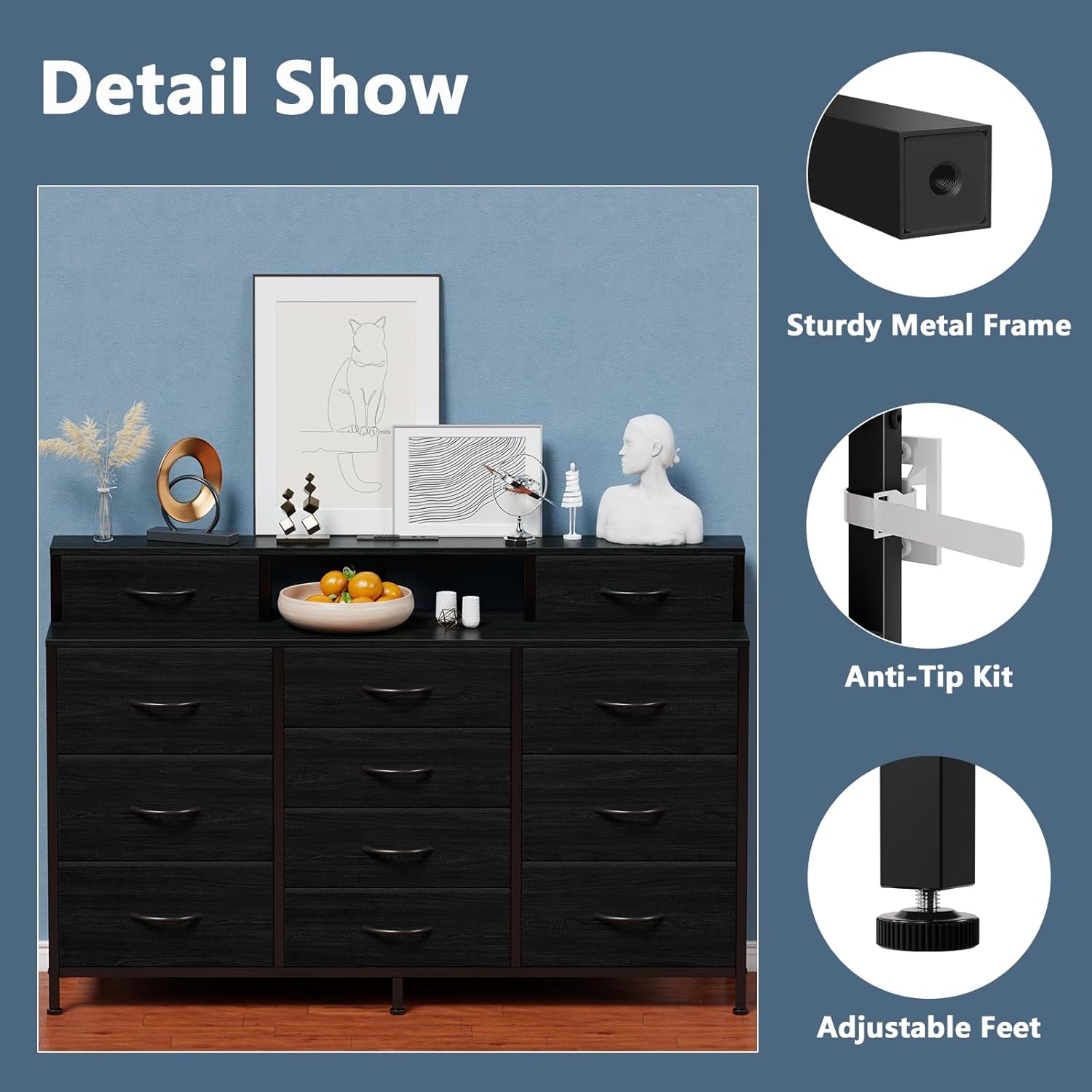 55" W Dresser for Bedroom with LED Lights and Power Outlets,Black Large 12 Storage Drawers Long Fabric Chests Dressers with 2 Shelves for Closet,Living Room,Entryway,Wooden Top,Metal Frame