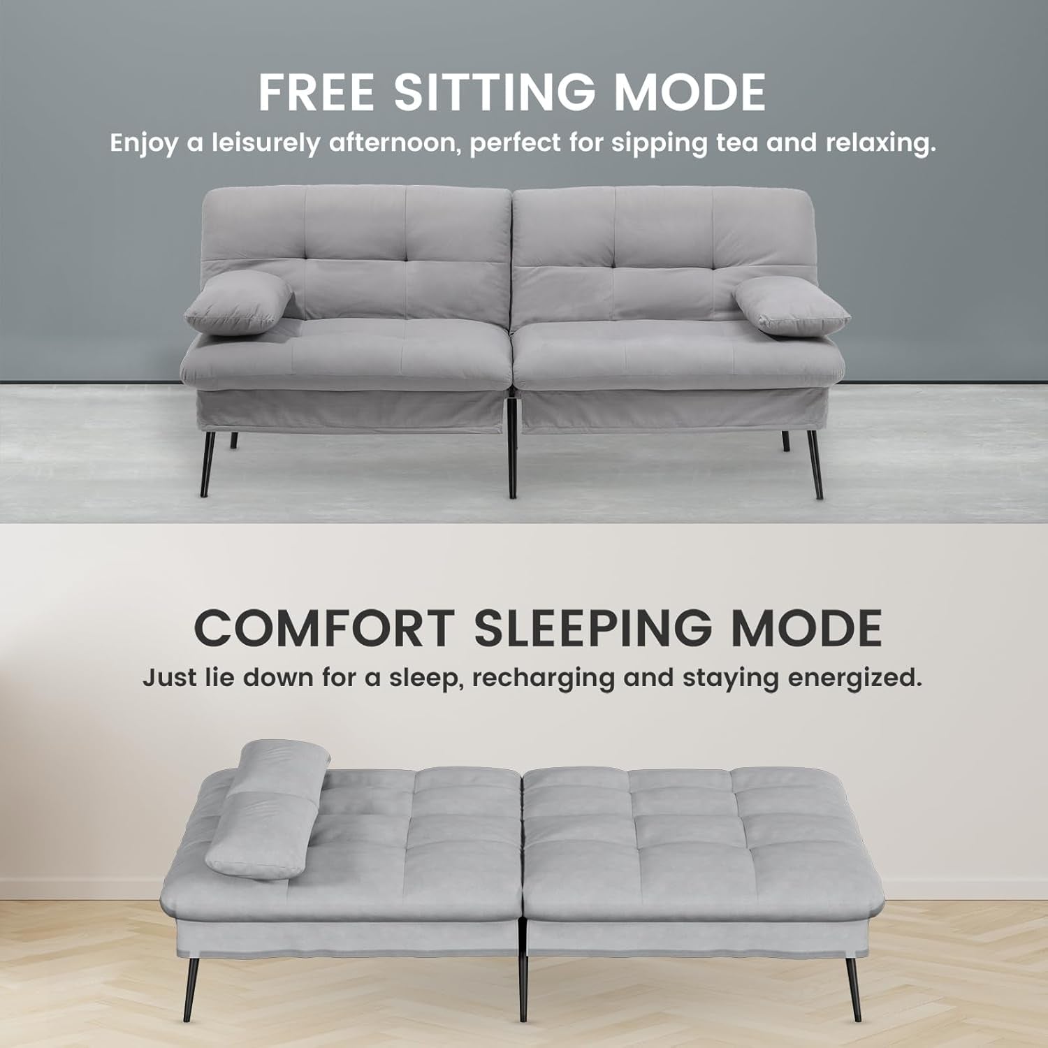 Convertible Futon Sofa Bed, 72″Fabric Futons Couch with Adjustable Backrest, Folding Sleeper Recliner for Living Room Furniture (Grey)