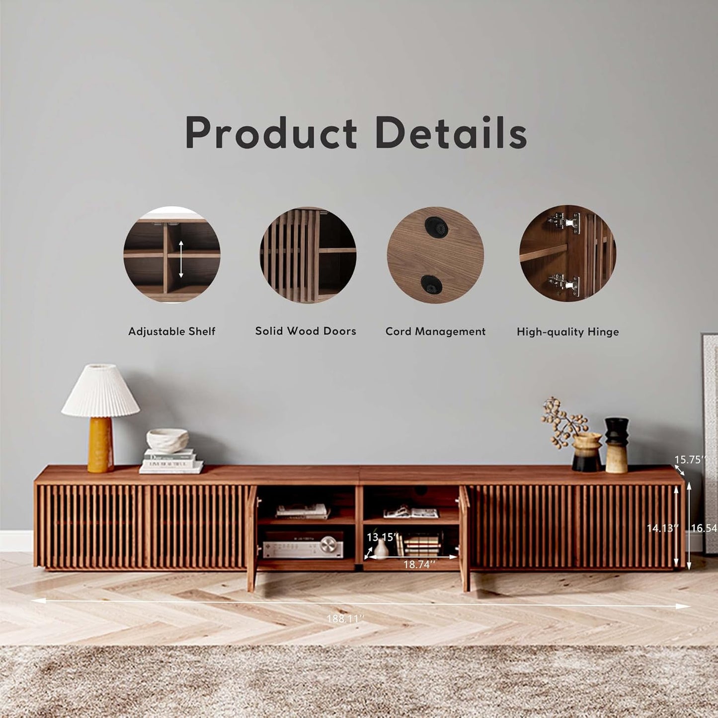 Full Assembled Mid Century Modern TV Stand, 118” Extra-Large Entertainment Center for 100 Inch TV, Wood Slatted TV Media Console with Storage for Living Room Bedroom