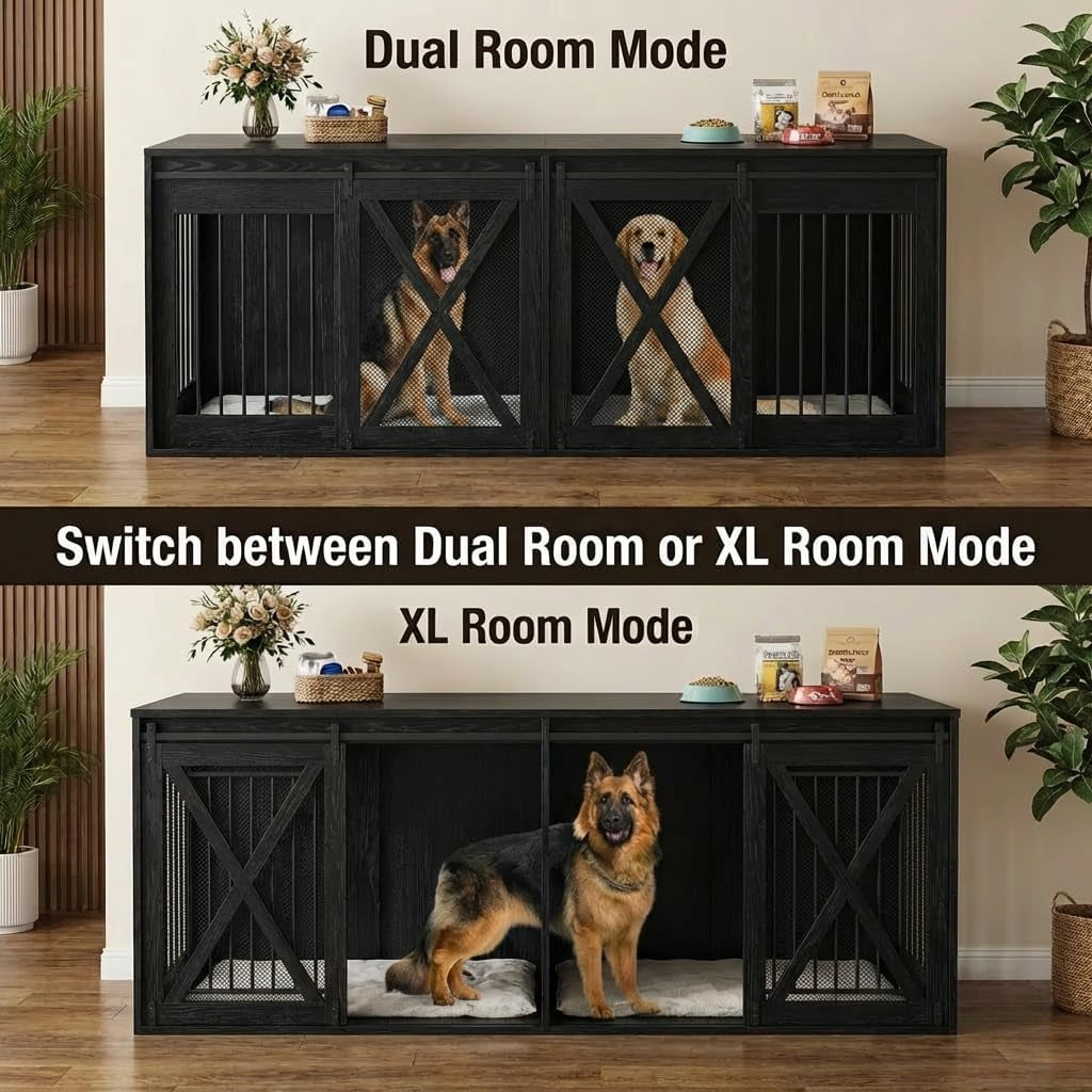 94.5In XXXL Double Dog Crate Furniture, Farmhouse Dog Kennel TV Stand for 2 Large Dogs, Heavy Duty Dog Cage Extra Large Breed with Divider & Sliding Metal Barn Door, Black