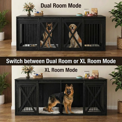 94.5In XXXL Double Dog Crate Furniture, Farmhouse Dog Kennel TV Stand for 2 Large Dogs, Heavy Duty Dog Cage Extra Large Breed with Divider & Sliding Metal Barn Door, Black