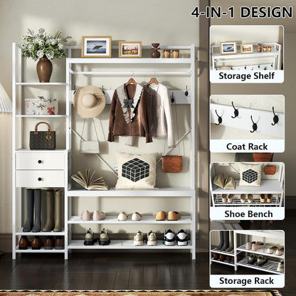7-In-1 Hall Tree with Bench and Shoe Storage for Entryway, Entryway Bench with Coat Rack, Storage Shelves, Shoe Race, Coat Hooks and 2 Fabric Drawers for Hallway(White)