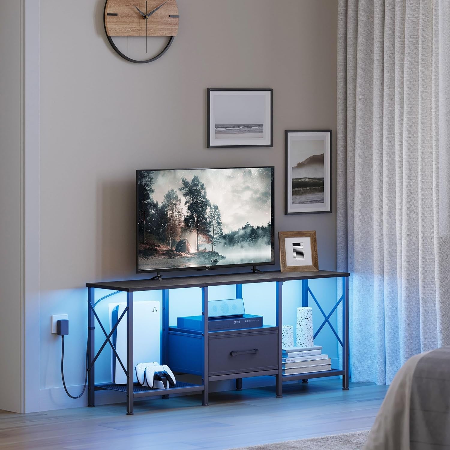 LED TV Stand with Fabric Drawer, Entertainment Center for 50 55 Inch TV, Industrial TV Console Table with Open Storage Shelves for Living Room, Bedroom, Black