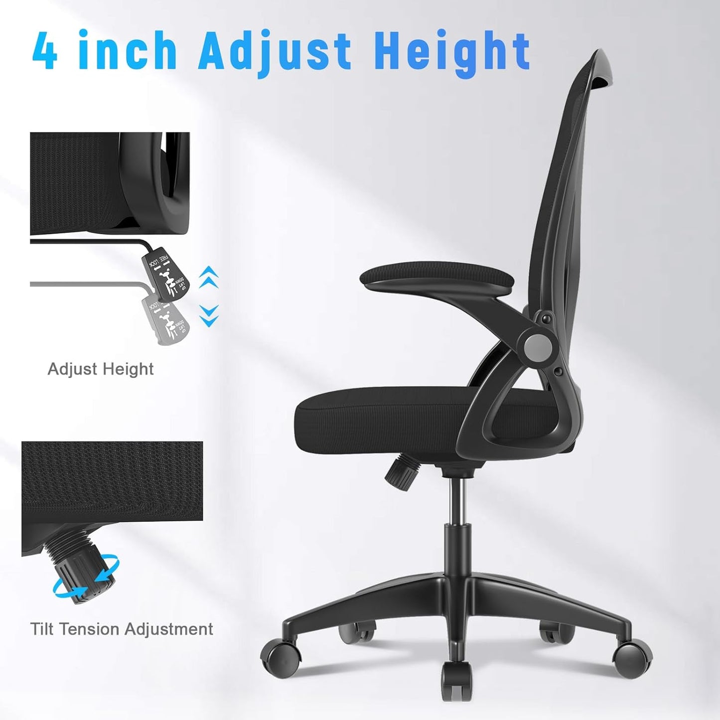 Ergonomic Office Chair, Mid Back Desk Chairs with Adjustable Height, Swivel Chair with Flip-Up Arms and Lumbar Support, Breathable Mesh Computer Chair for Home/Study/Working, Dark Black