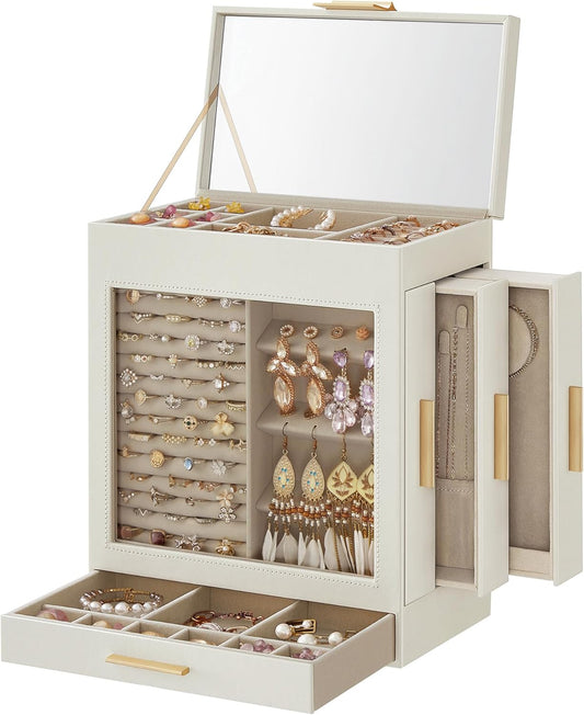 Jewelry Box with Glass Window, 5-Layer Jewelry Organizer with 3 Side Drawers, Jewelry Storage, with Big Mirror, Modern, 6.1 X 10.3 X 12.6 Inches, Cloud White and Metallic Gold UJBC162W01