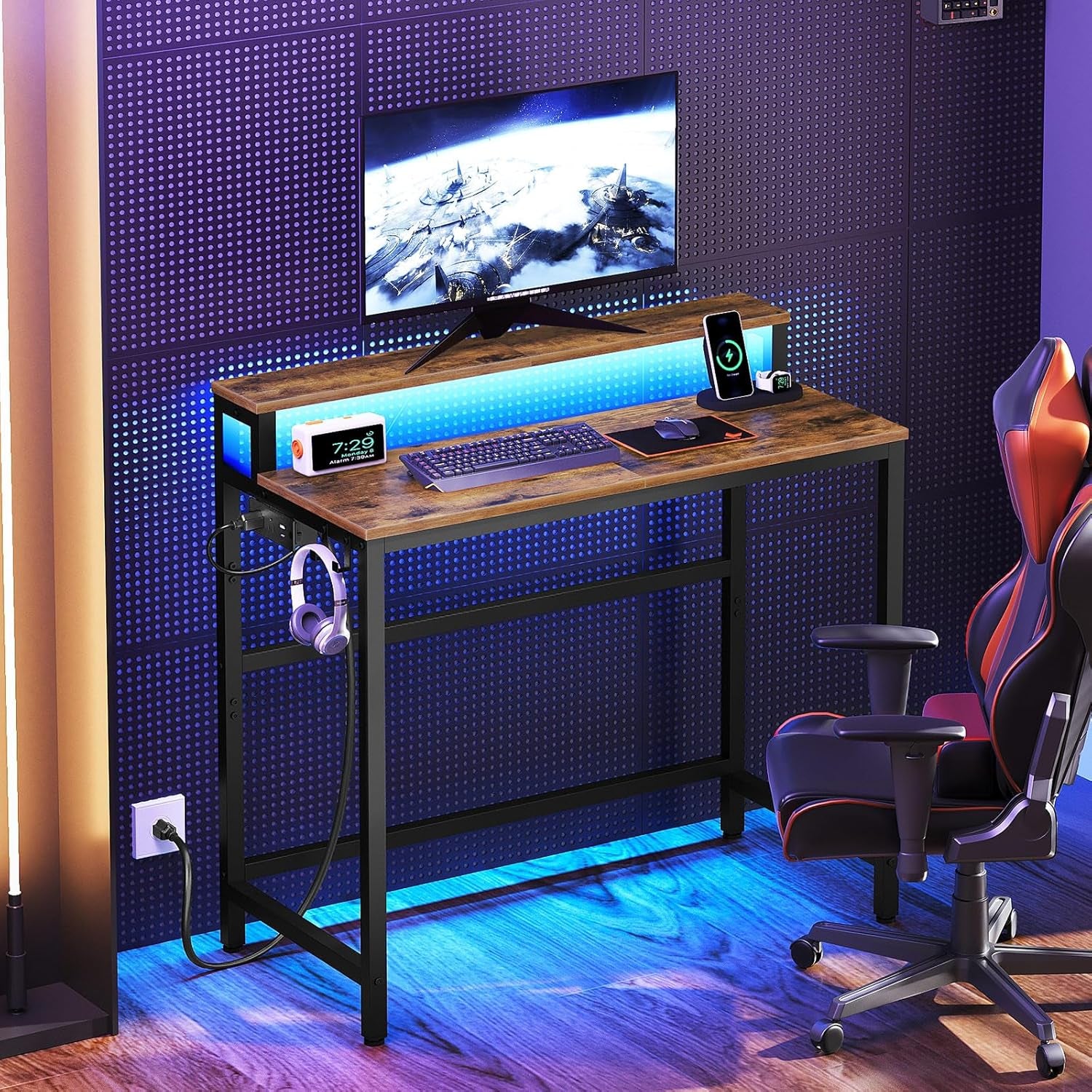 Small Computer Desk with Charging Station and LED Lights, Gaming Desk with Monitor Stand, 2-Tier Home Office Desk with 4 Side Hooks, for Living Room, Home Office, Rustic Brown DN01UDBRY2