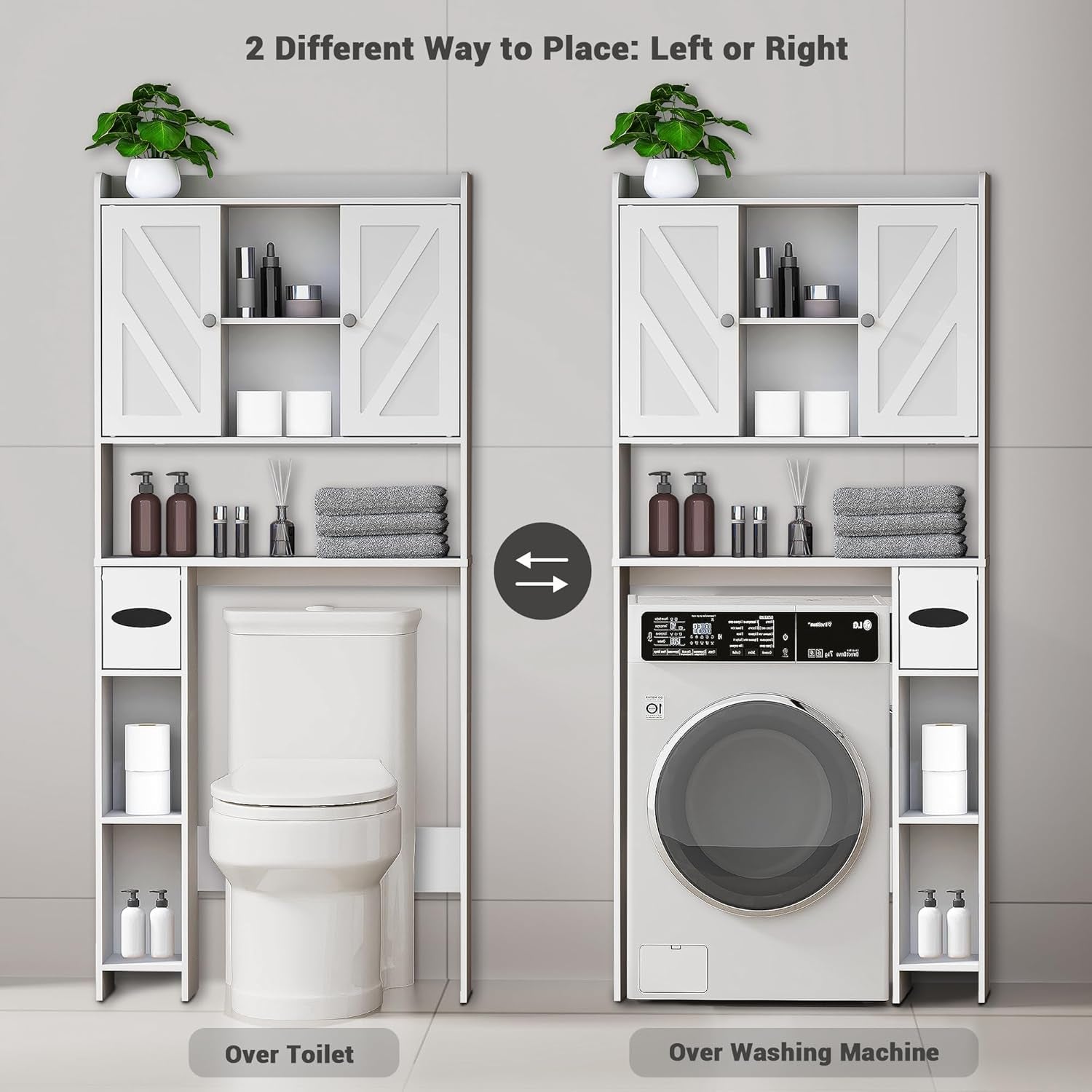 Over the Toilet Storage Cabinet: Farmhouse Storage Cabinet over Toilet with 2 Barn Door & Toilet Paper Holder Stand, Home Space-Saving Toilet Rack, for Bathroom, Restroom, Laundry