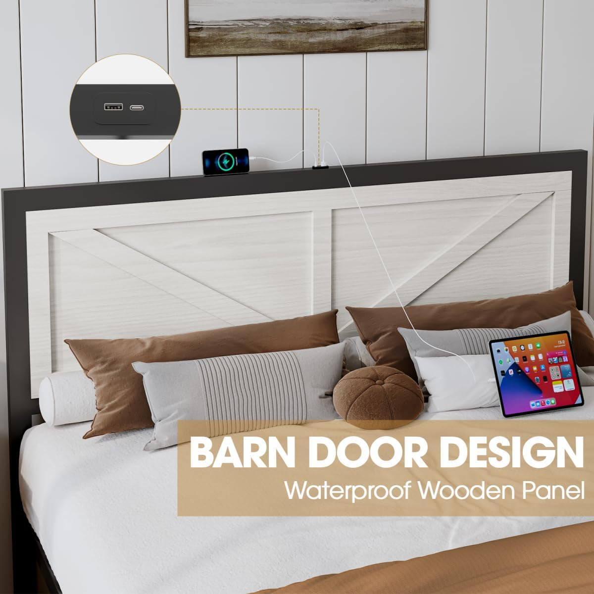 Rustic Bed Frame King Size with Barn Door Headboard, LED Bed Frame with Charging Station, Industrial Platform Metal Bed Frames, No Box Spring Needed, Easy Assembly, White