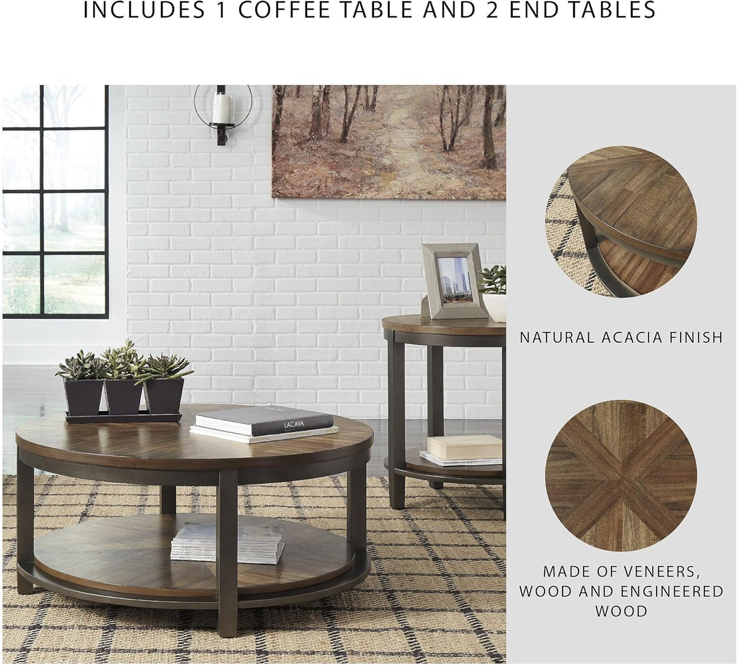 Roybeck Rustic round 3-Piece Table Set, Includes 1 Coffee Table and 2 End Tables with Fixed Shelf, Light Brown