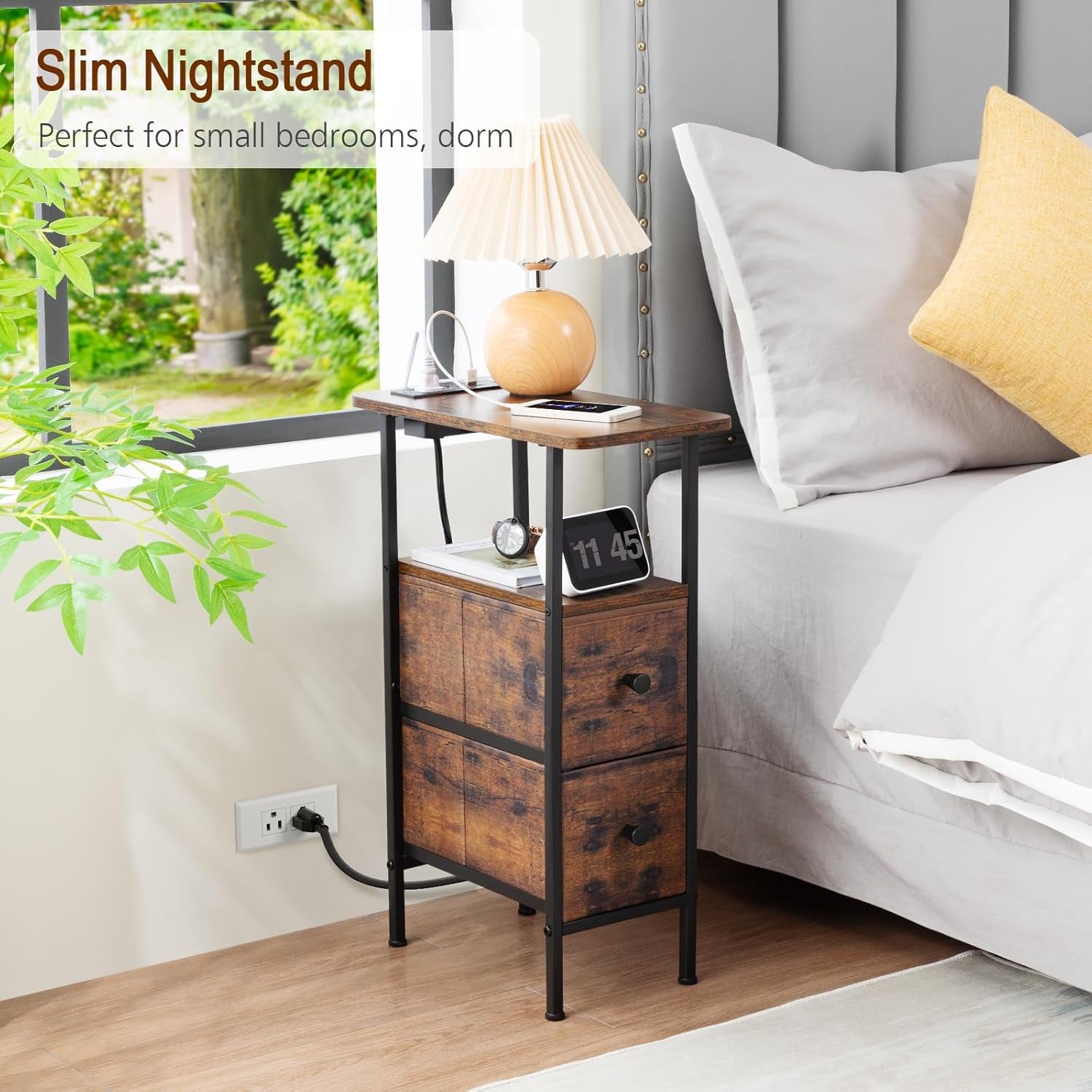 Narrow Nightstand with Charging Station, End Tables Living Room Set of 2, Skinny Side Table with Fabric Drawers, Slim Sofa Table for Bedroom, Small Spaces, Couch, Rustic Brown, HETNDP02PBR