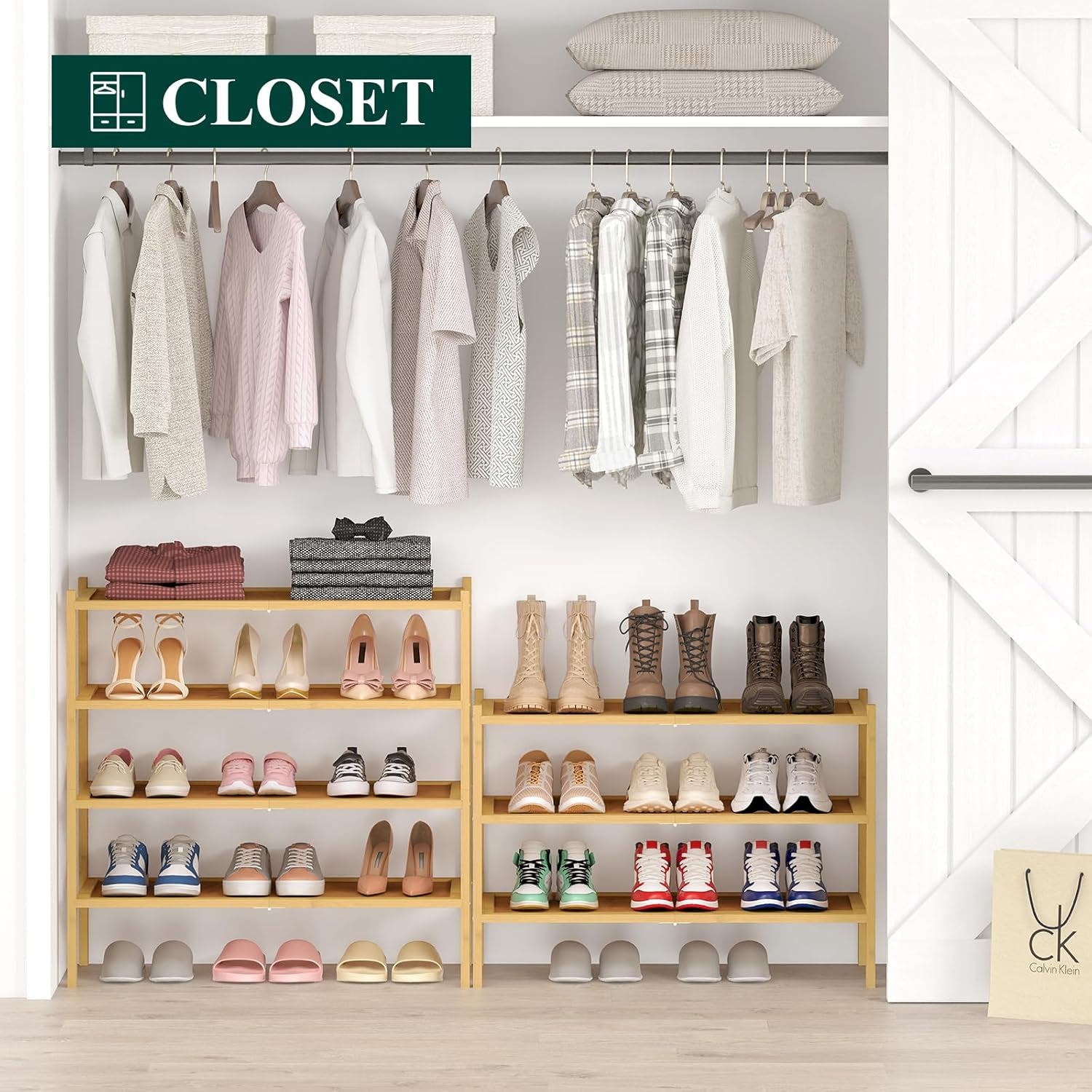 Bamboo Shoe Rack, 3 Tier Shoe Organizer for Entryway & Closet, Stackable Free Standing Storage Shelf for Shoes, Bags & Plants, Natural