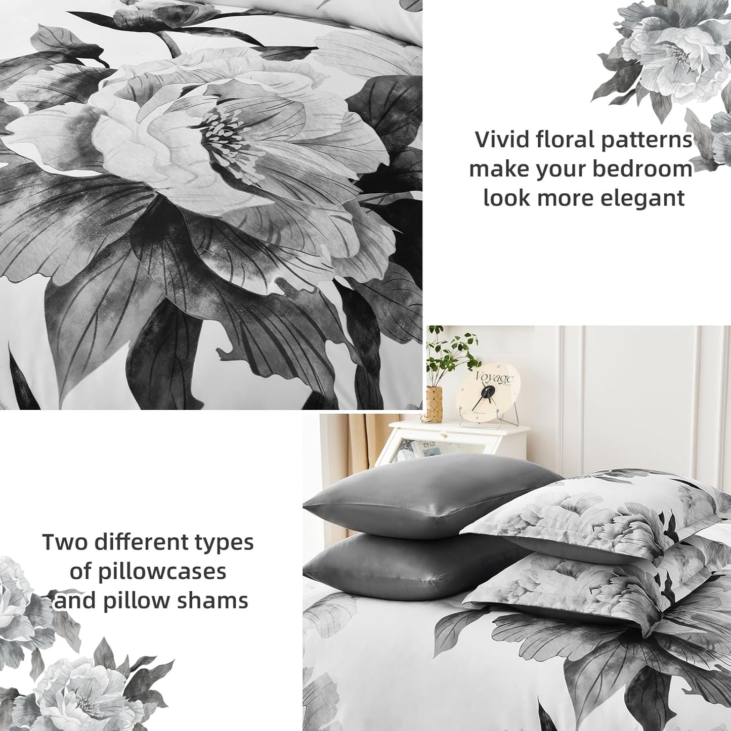 Grey Queen Comforter Set 7 Piece Bed in a Bag, Gray Floral Printed on White Comforter Set with Sheets, Soft Microfiber Botanical Farmhouse Bedding Set for All Season