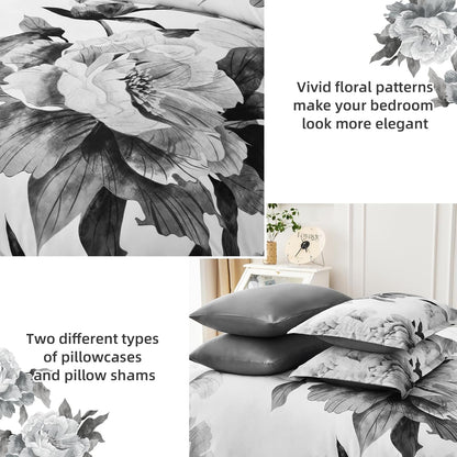 Grey Queen Comforter Set 7 Piece Bed in a Bag, Gray Floral Printed on White Comforter Set with Sheets, Soft Microfiber Botanical Farmhouse Bedding Set for All Season