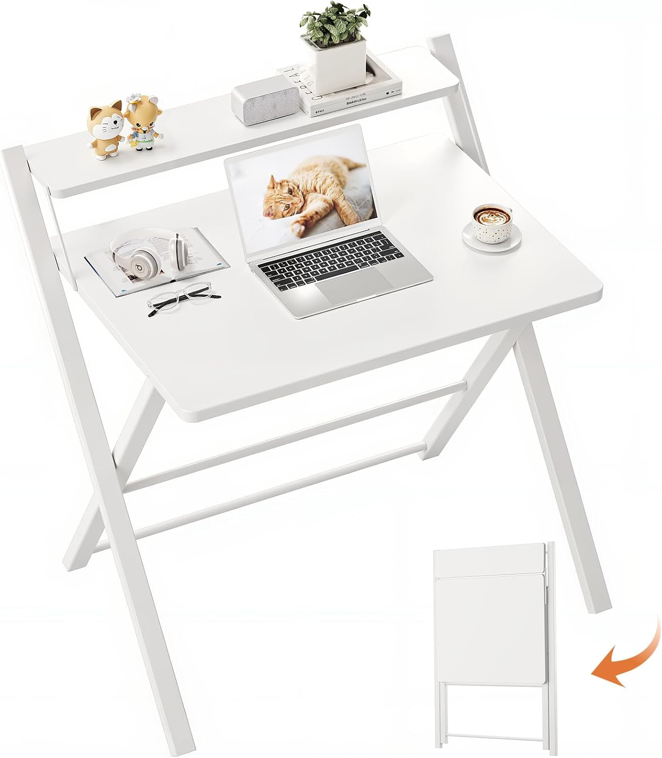 Folding Desk No Assembly Required Large Size, 2-Tier Foldable Computer Desk with Shelf for Home Office, Space Saving Portable Laptop Study Foldable Table for Bedroom, White