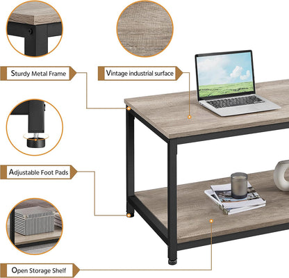 39.5" 2-Tier Coffee Table with Storage Shelve, Industrial Gray Coffee Table, Easy Assembly, Wooden Center Tables for Living Room & Small Space, Gray