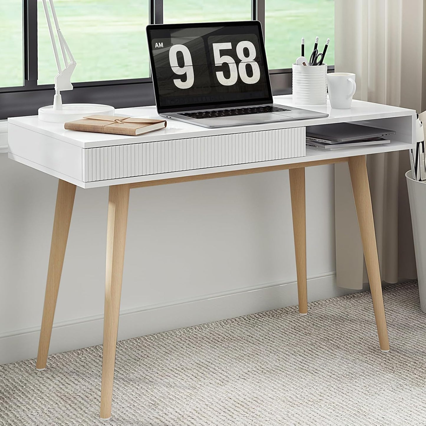 42" Wood Modern Office Desk with Drawer, Simple Writing Desk for Home, White