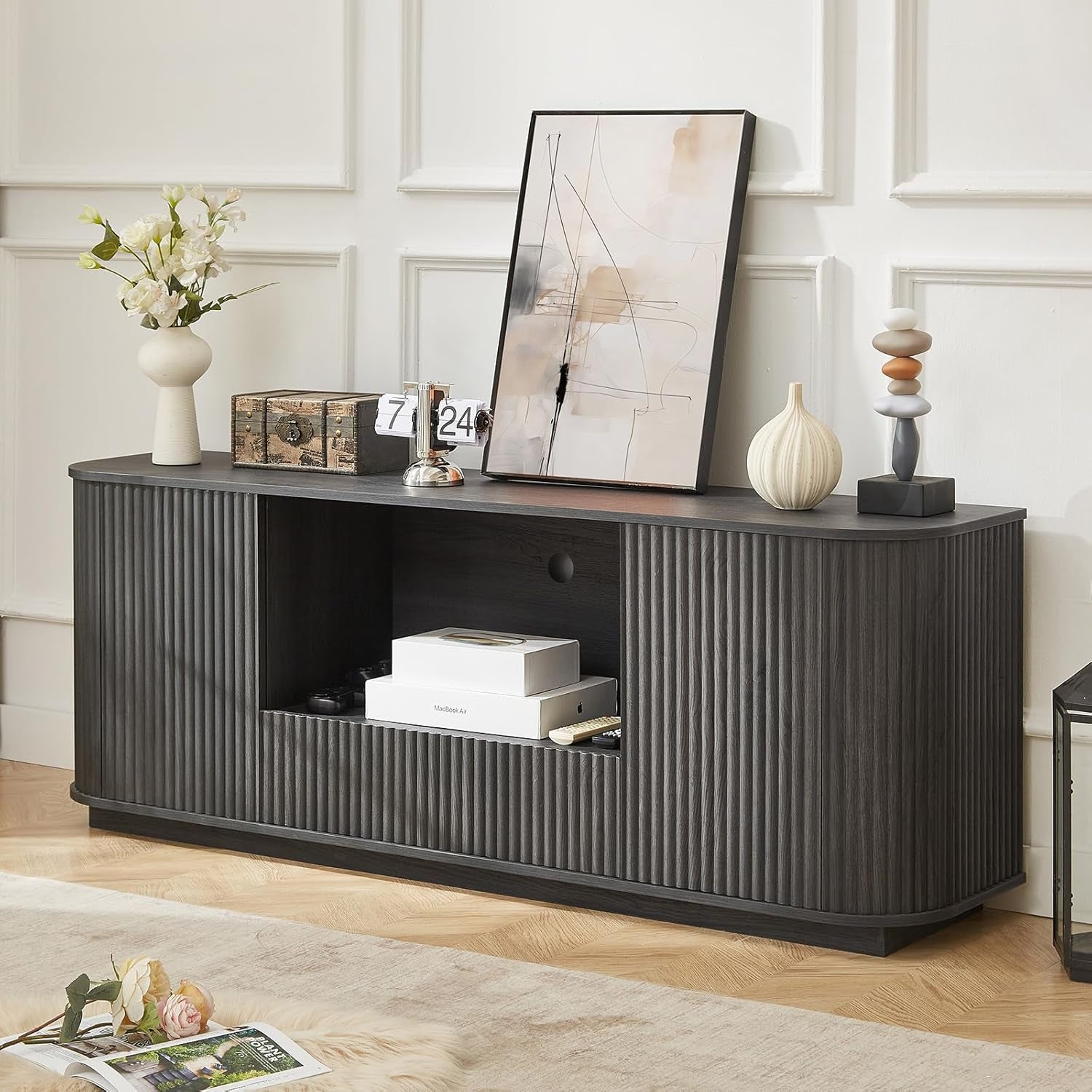 64" Fluted TV Stand for Tvs up to 75 Inch, Entertainment Center with Storage Cabinet and Drawer, Wood TV Console Television Furniture with Adjustable Shelf, Media Console for Living Room, Bedroom