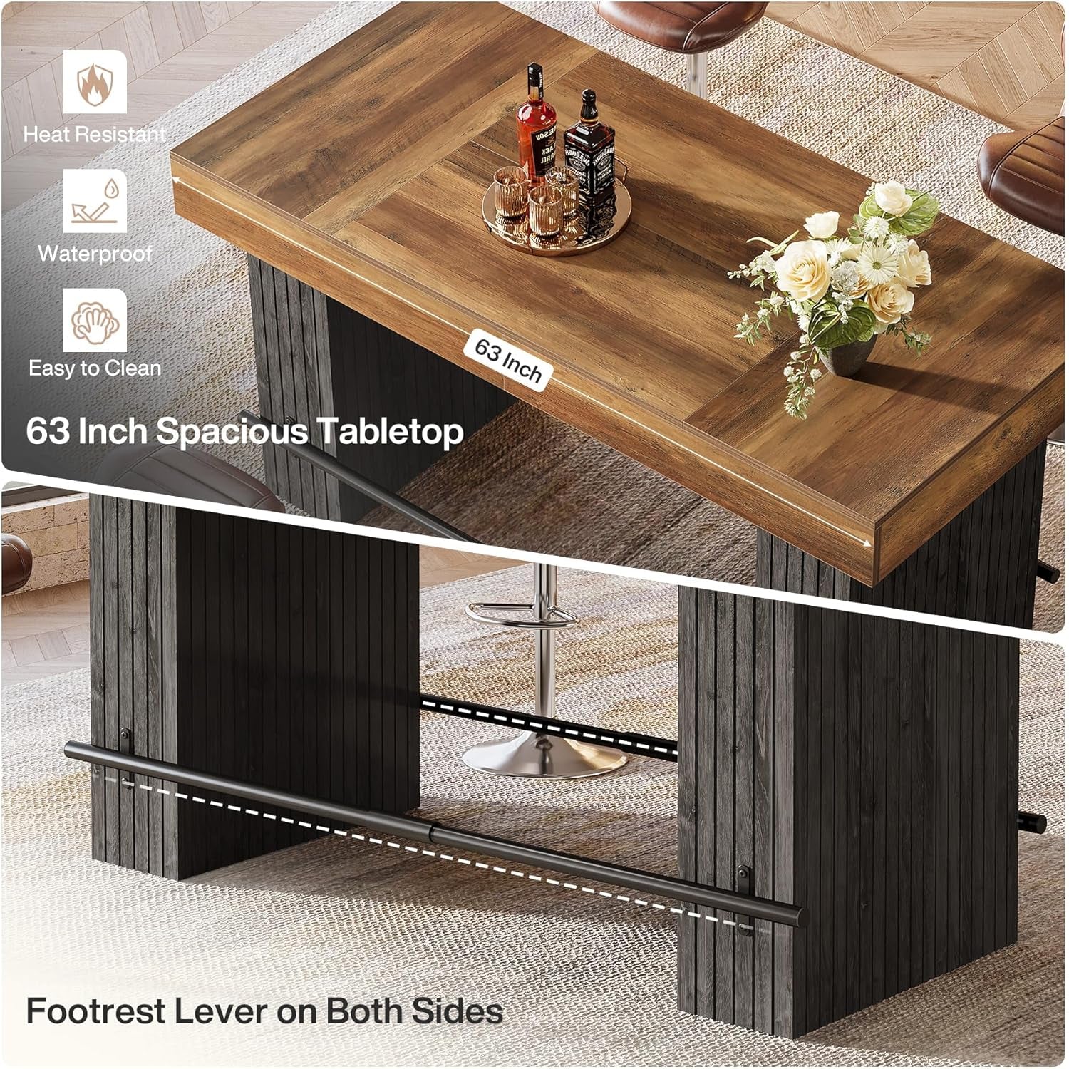 63 Inch Bar Table, Industrial Counter Height Pub Dining Table, Rectangular Home Bar Units with Metal Footrest for Home Kitchen, Dining Room, Bistro