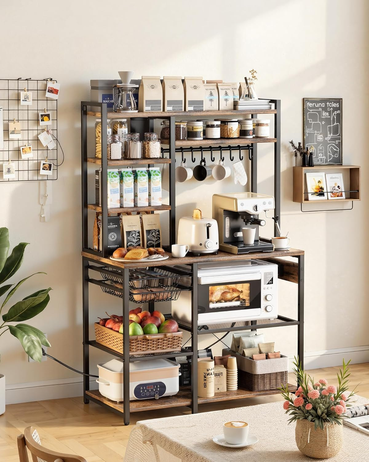 Kitchen Bakers Rack with Power Outlets, 35.4X15.7X70.9 Inch Microwave Stand with Built-In Power Strip & 5 Ft Cord, 10 S-Shaped Hooks, for Dish Storage, Spice Jars, Coffee Bar Organization