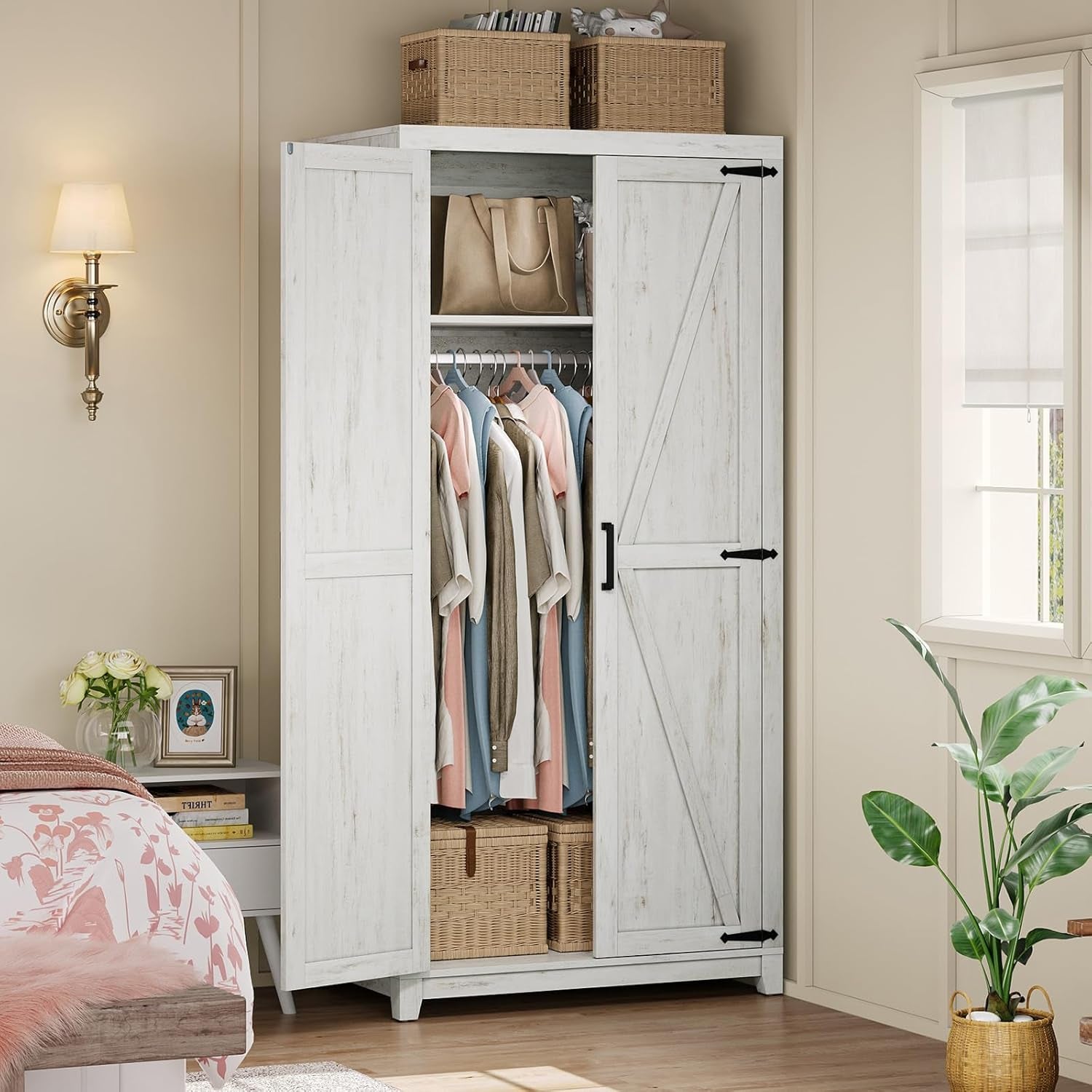 Farmhouse Armoire Wardrobe Closet with 2 Barn Doors, 71'' Storage Cabinet with Hanging Rod & Shelf, Versatile Clothing Storage for Bedroom, Distressed White