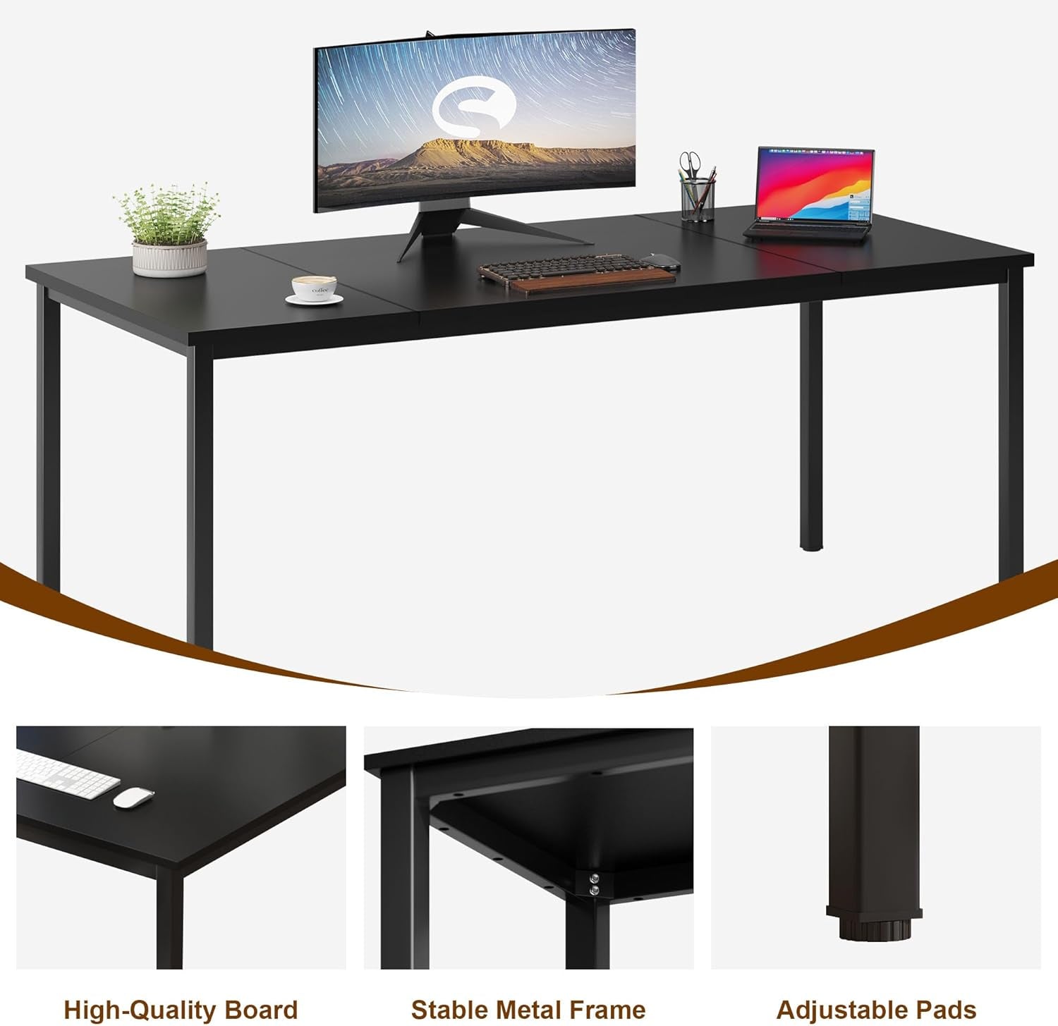 Large Computer Desk, 70.8 Inch Study Student Writing Desk, Simple Style PC Workstation with Black Metal Frame for Home Bedroom, Black
