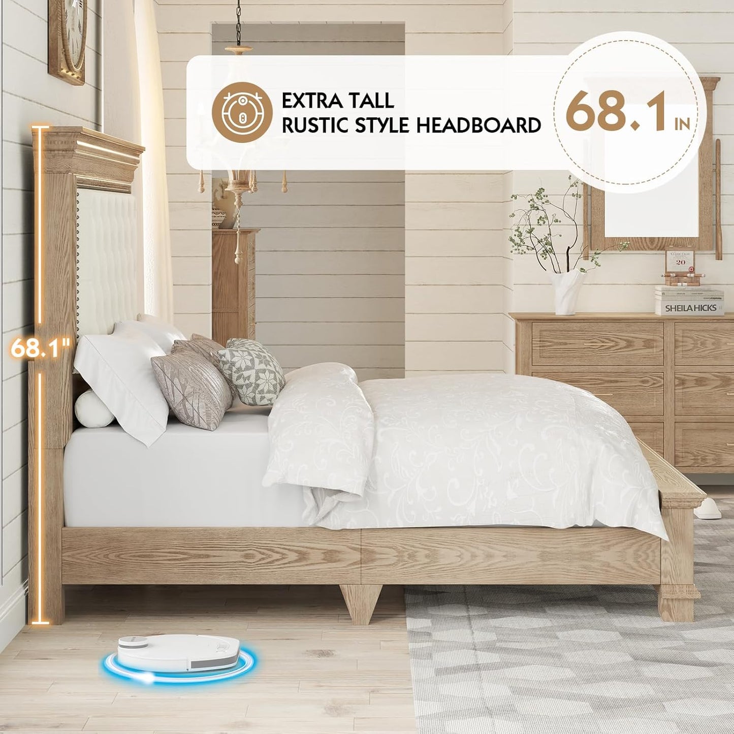 Queen Rustic Solid Wood Bed Frame with 68" Tall Headboard, Farmhouse Chenille Upholstered Panel Platform Bed Mattress Frame, Button Tufted/Antique Brass Nail Trim/No Box Spring Needed, Milk Ash