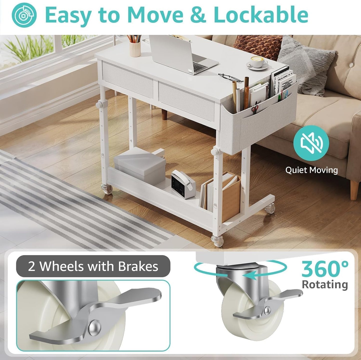 Small White Portable Adjustable Rolling Kids Desk with Drawers & Storage Shelf, 32 Inch Mobile Standing Vanity Desks with Wheels, Couch Sofa Side Laptop Craft Table for Bedroom Home Office