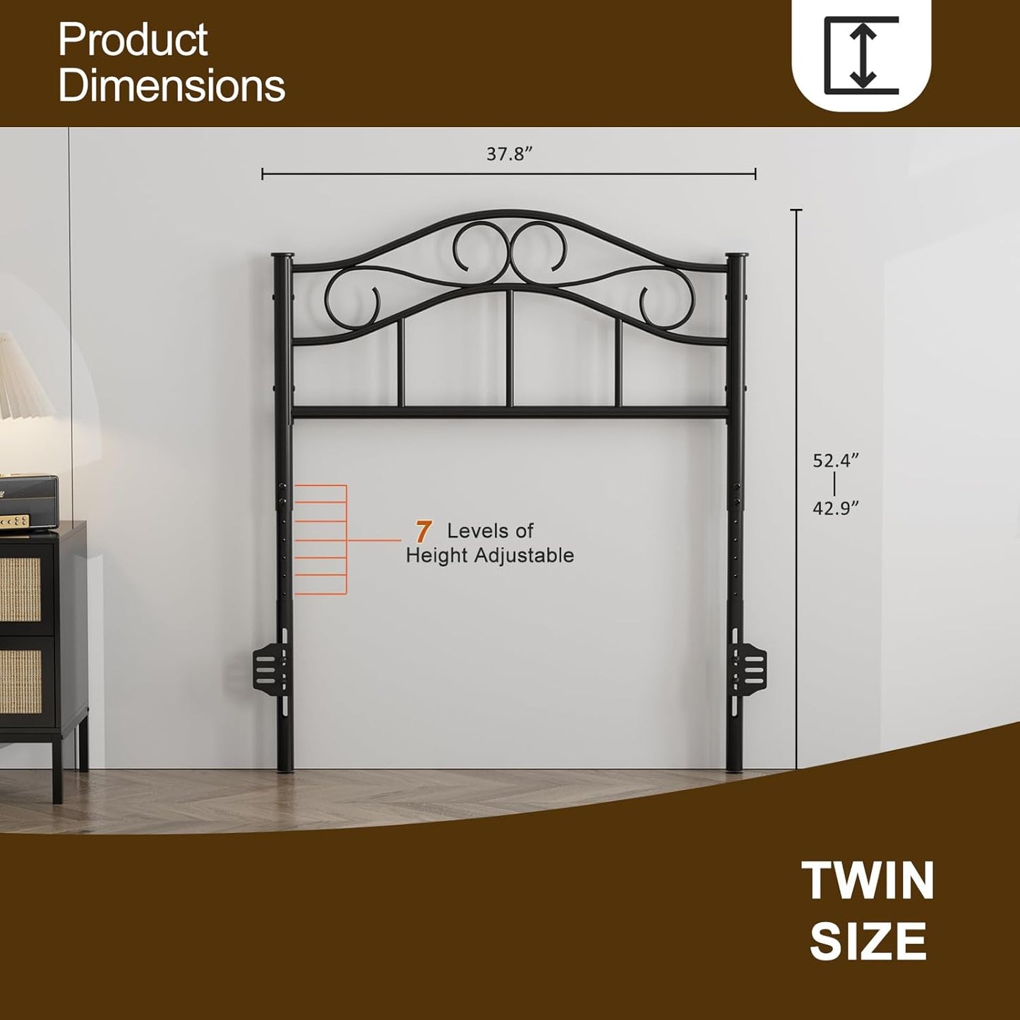 Metal Twin Size Headboard Only, Adjustable Height, Sturdy Steel Curved Twin/Twin XL Headboard for Bedroom, Farmhouse Scrollwork Design, Easy Assembly, Attach Frame, Black