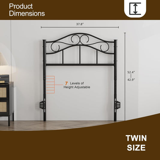 Metal Twin Size Headboard Only, Adjustable Height, Sturdy Steel Curved Twin/Twin XL Headboard for Bedroom, Farmhouse Scrollwork Design, Easy Assembly, Attach Frame, Black
