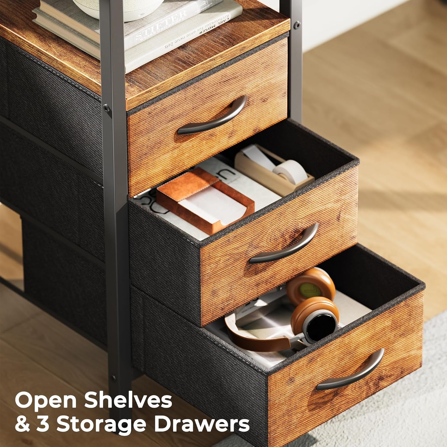 L Shaped Office Desk with Power Outlets, 47 Inch Computer Desk with 3 Drawers, Shelves, for Gaming, Corner Work, Home Office, Study, Grey