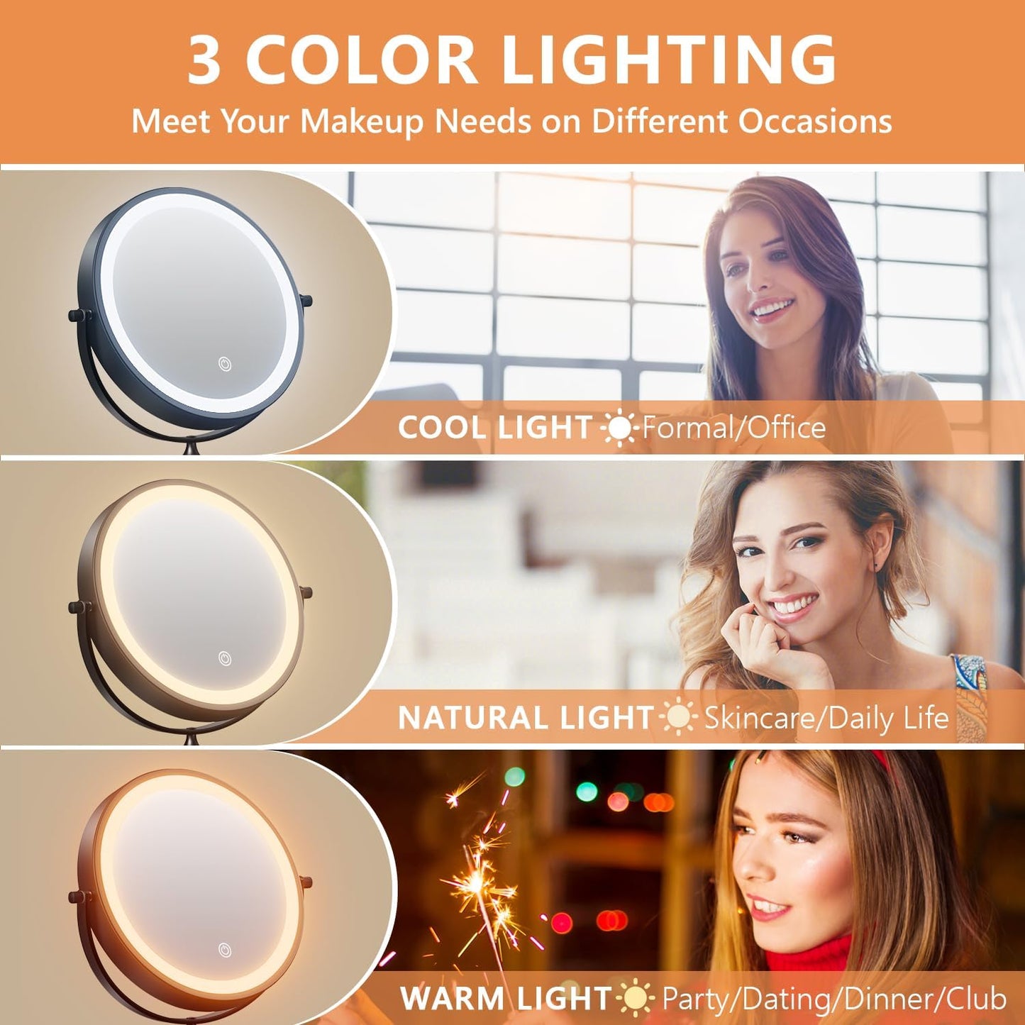 8'' Wall Mounted Lighted Makeup Mirror, 3200Mah Rechargeable Double-Sided 1X/20X Magnifying Mirror with Light, Touch Dimmable 3 Color Light, 360° Rotation Foldable Extended Arm, Black