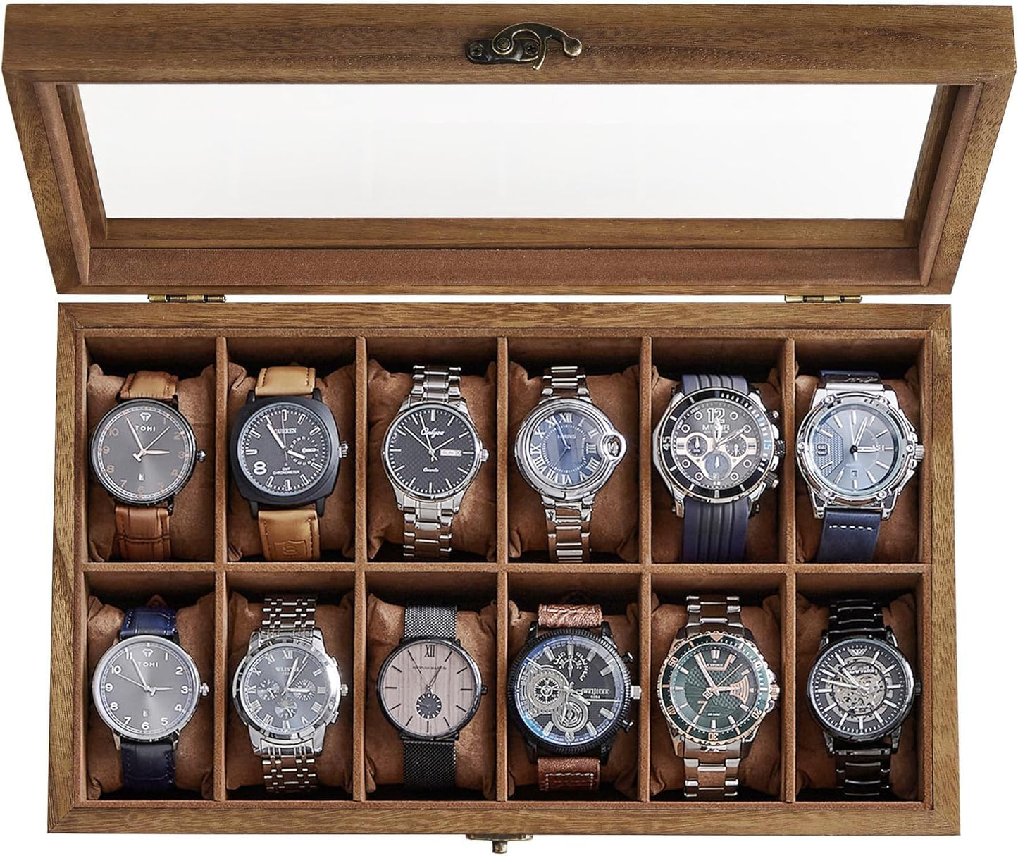 8-Slot Watch Box, 2-Tier Watch Display Case with Large Glass Lid, Removable Watch Pillows, Velvet Lining, Jewelry Box, Gift Idea, Ebony Black UJOW008B01