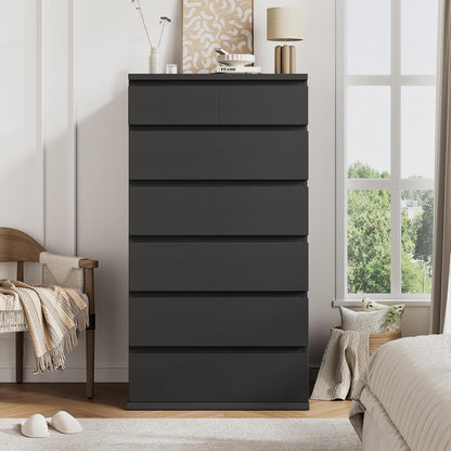 Black Tall 7 Drawer Dresser for Bedroom, Modern Wood Closet Dressers & Chests of Drawers with Jewelry Storage, 23.6" L*15.8" W*47.5" H in Large Vertical Dresser for Bedroom, Living Room, Nursery