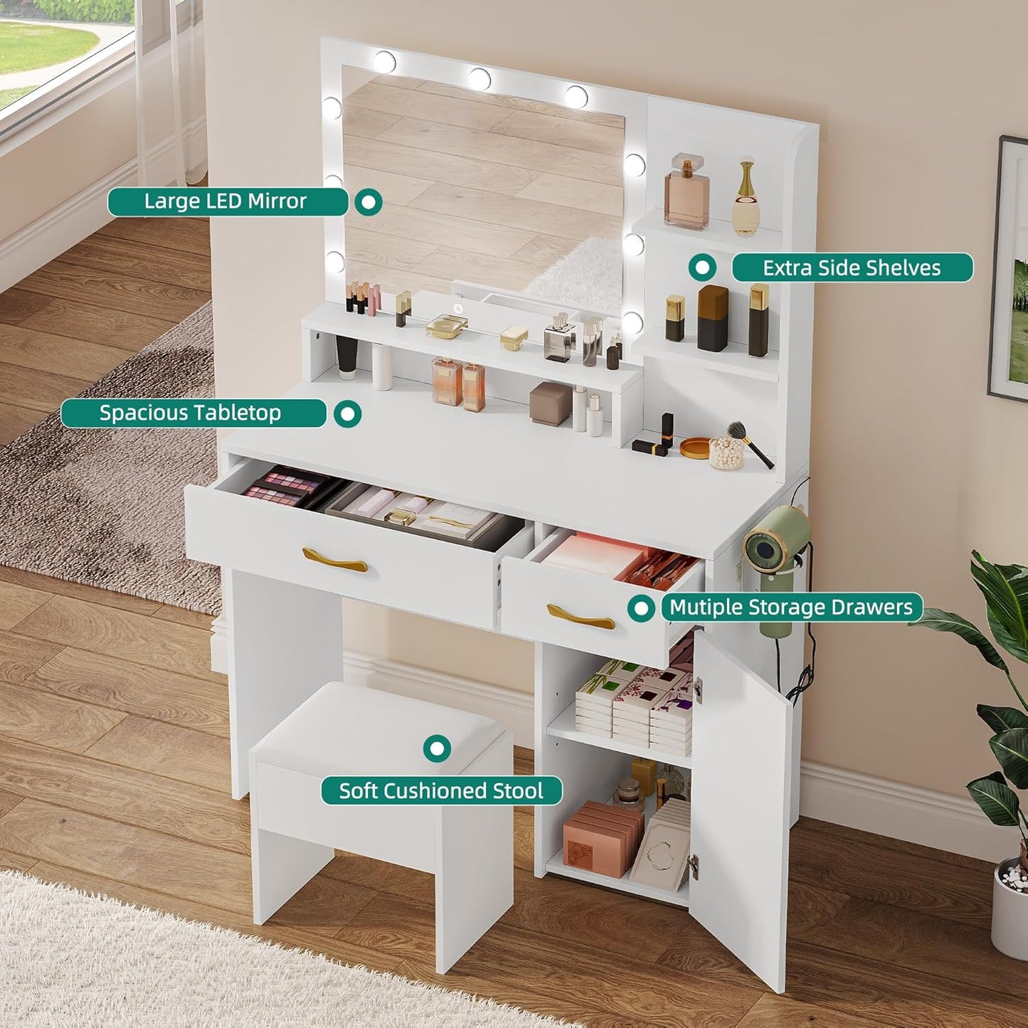 Vanity Desk with Mirror, Makeup Vanity Set with Power Strip, 9 Dimmable Bulbs, Drawers, Cabinet, Shelves, and Stool, 3-Color Adjustable Lighting, Elegant Vanity for Dressing Room, White