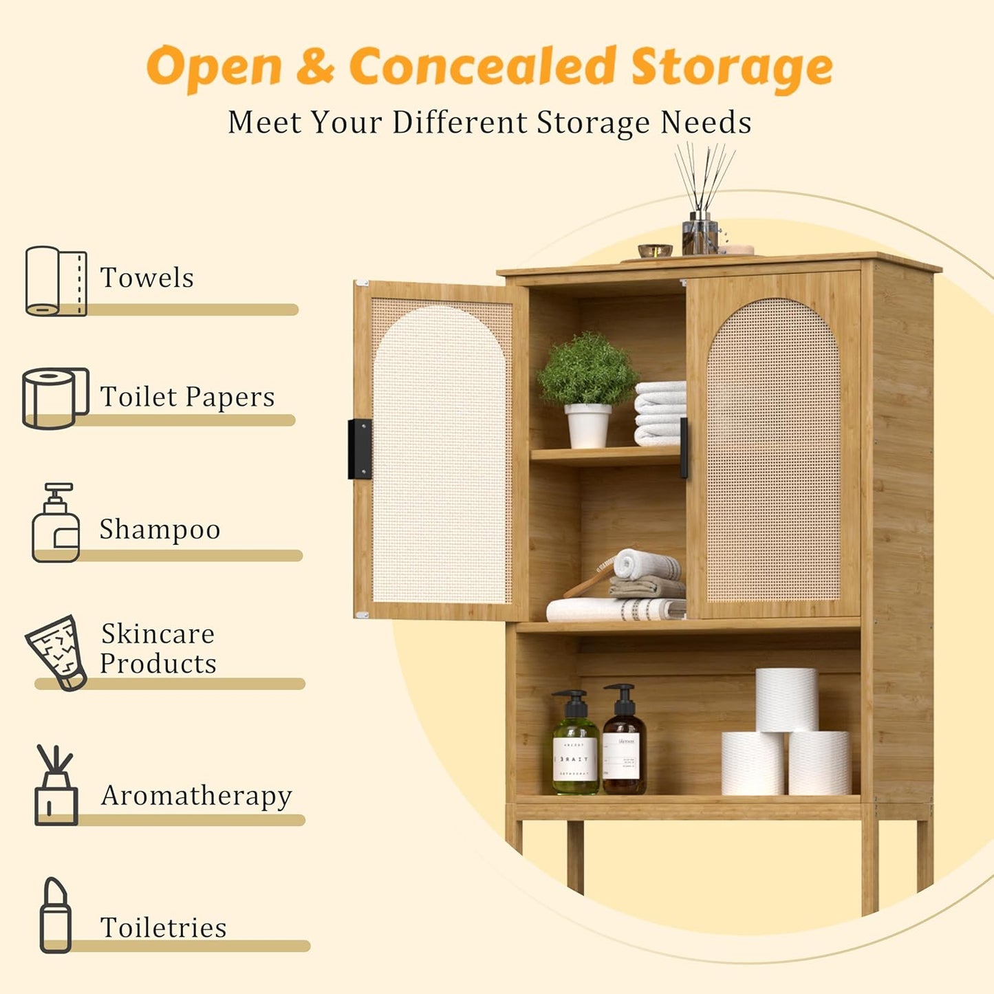 Bamboo over the Toilet Storage Cabinet, Bathroom Organizers and Storage with Inverted U-Shaped Door & Anti-Tip Device, Space Saver, Natural