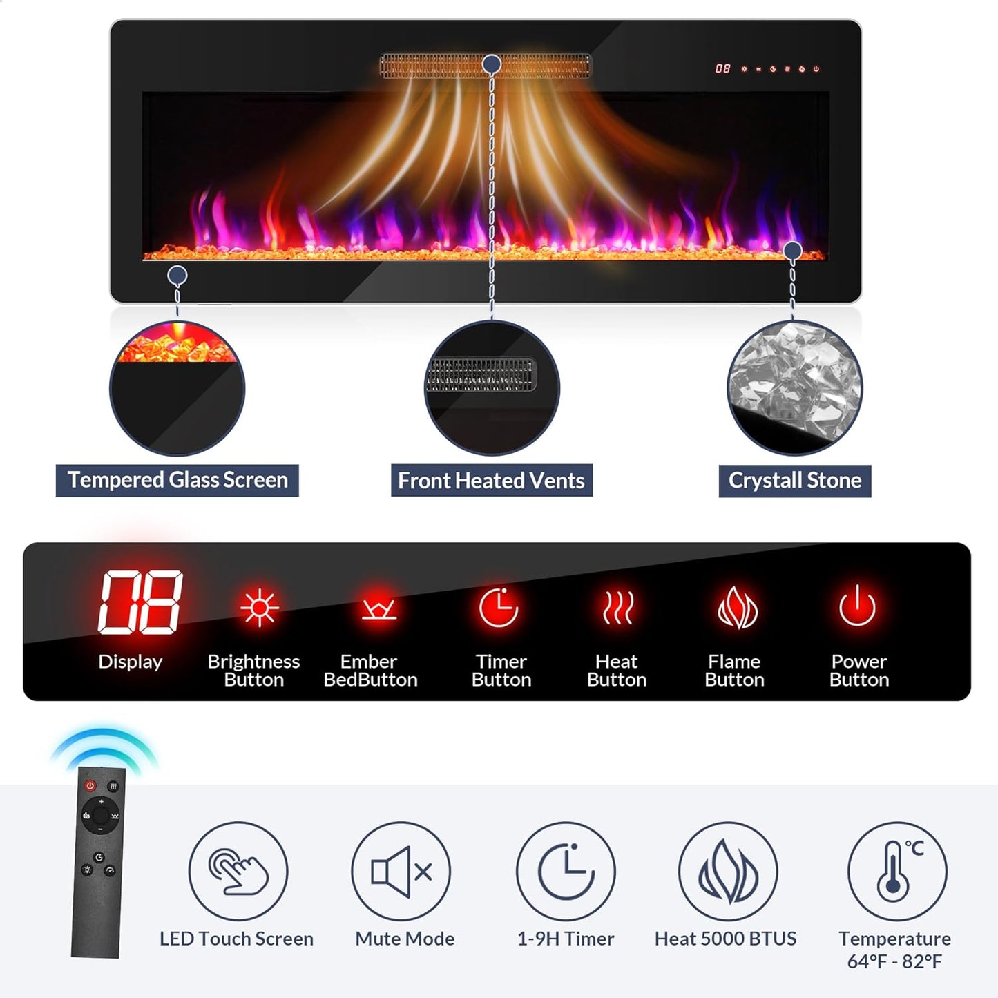 74" Extra Large TV Stand for Tvs up to 85", Media Console Table with 42" Electric Fireplace Heater, Entertainment Center with Storage Cabinets for Living Room, Bedroom - Sienna (Black Ebony)