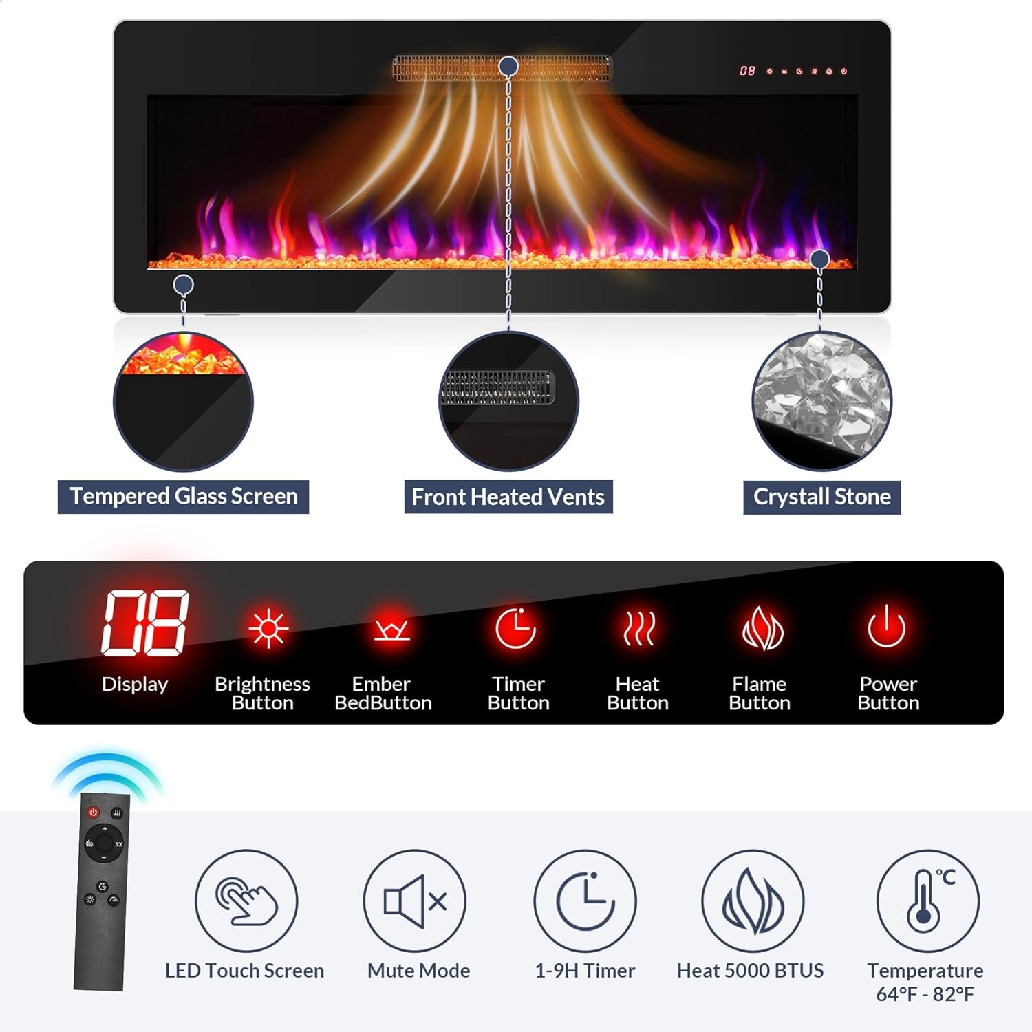 74" Extra Large TV Stand for Tvs up to 85", Media Console Table with 42" Electric Fireplace Heater, Entertainment Center with Storage Cabinets for Living Room, Bedroom - Sienna (Black Ebony)