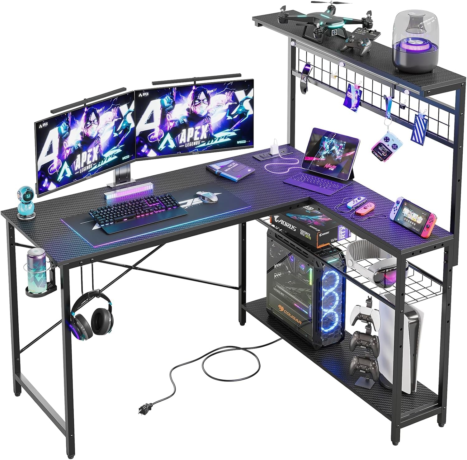Gaming Desk 51" L-Shaped, with Power Outlets & LED Lights- 4 Tier Shelves, Reversible Gamer Table with Hooks & Cup Holder for Home Office Carbon Fiber Black