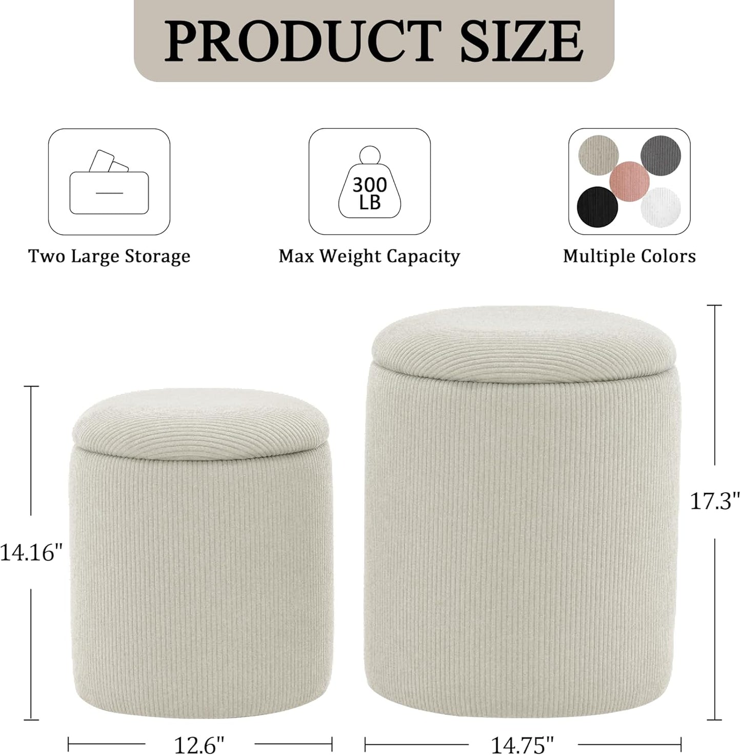 round Ottoman with Storage, Set of 2, Small Vanity Stool as Vanity Chair, Corduroy Ottoman Foot Rest for Small Space, Living Room, Bedroom, Beige