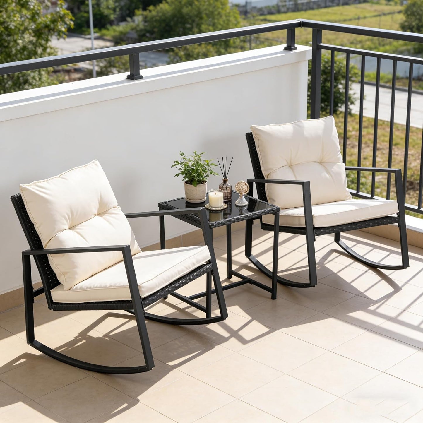 3 Piece Outdoor Rocking Bistro Set Black Wicker Furniture Porch Chairs Conversation Sets with Glass Coffee Table, Beige
