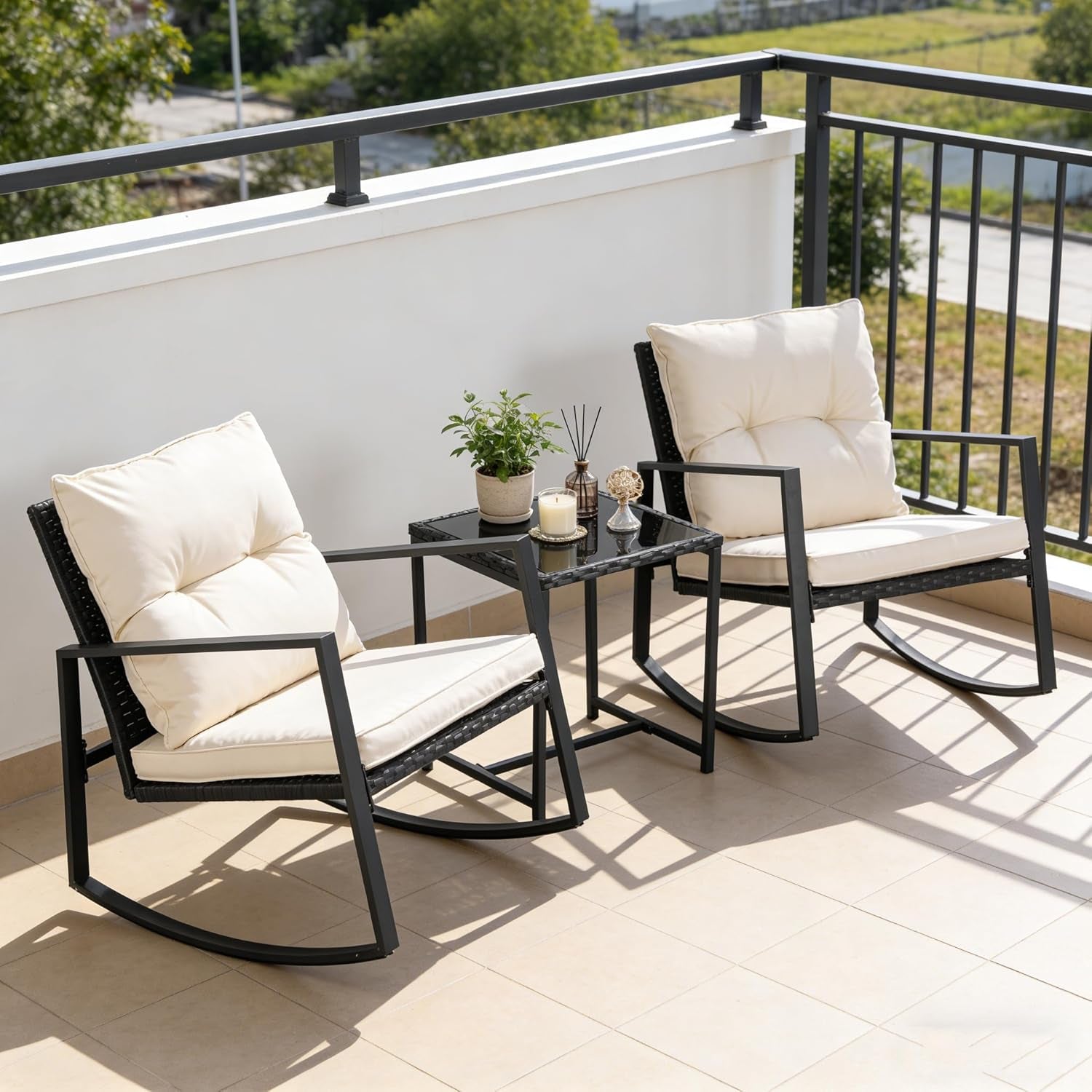 3 Piece Outdoor Rocking Bistro Set Black Wicker Furniture Porch Chairs Conversation Sets with Glass Coffee Table, Beige
