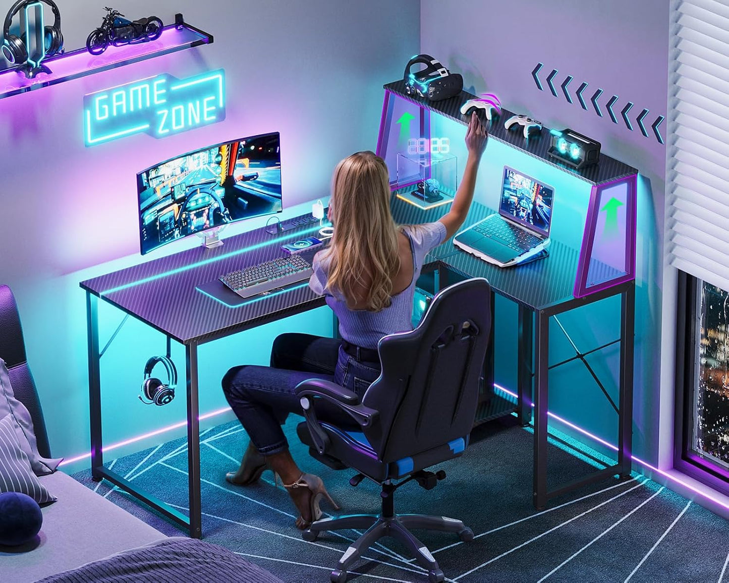 45 Inch L Shaped Gaming Desk with Power Outlet & LED Lights, Computer Table with Corner Desktop Showcase for CPU Stand, Display Storage Shelf, Carbon Fiber Surface, Black