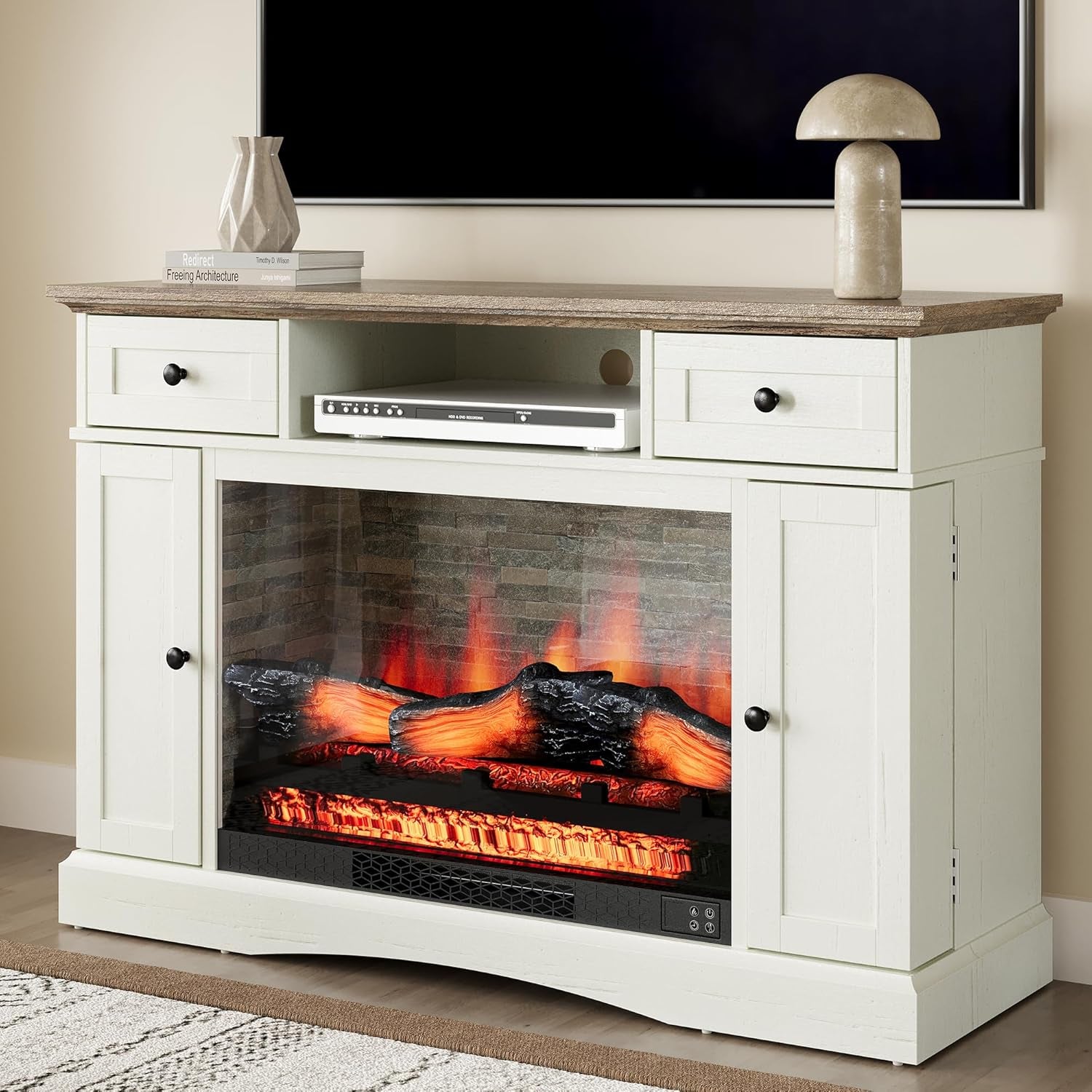 Fireplace TV Stands with for Tvs up to 55'', Media Console Table with Adjustable Shelves, Double-Door Design, Entertainment Center for Living Room, White and Rustic Oak