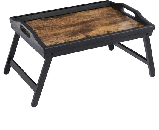 Bed Tray Table with Bamboo Folding Legs, Sofa Breakfast Tray, Serving Tray with Groove for Phone Tablet, Rustic Dark Brown ULLD111B01