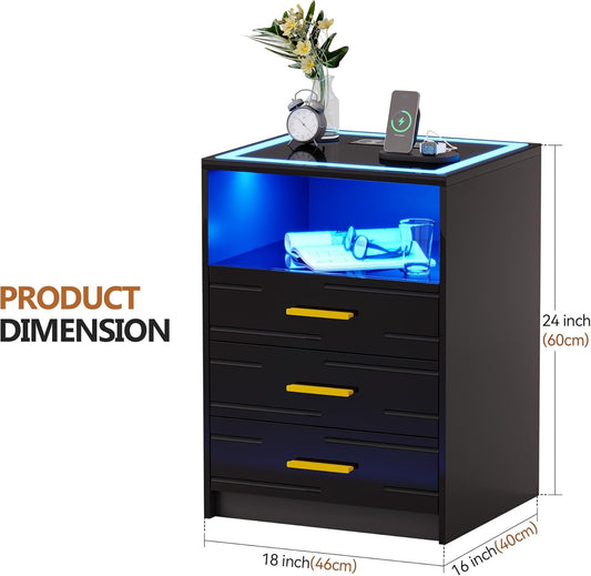 LED Bedside Table with Charging Station, High Gloss Nightstand with 3 Drawers, 3 Color Dimmable Light Modern Smart Night Stand with USB Type-C Port Bedroom Black